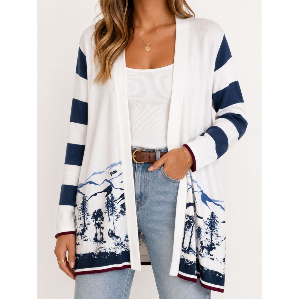 Lands' End 100% Cotton Open Front Cardigan Mountain Scene Striped Plus Size 2X